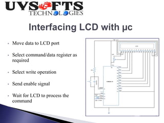 • Move data to LCD port 
• Select command/data register as 
required 
• Select write operation 
• Send enable signal 
• Wait for LCD to process the 
command 
 