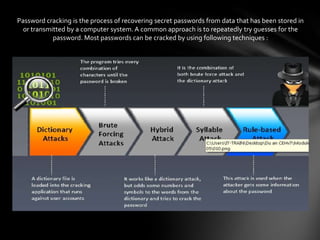 Password cracking is the process of recovering secret passwords from data that has been stored in
  or transmitted by a computer system. A common approach is to repeatedly try guesses for the
            password. Most passwords can be cracked by using following techniques :
 