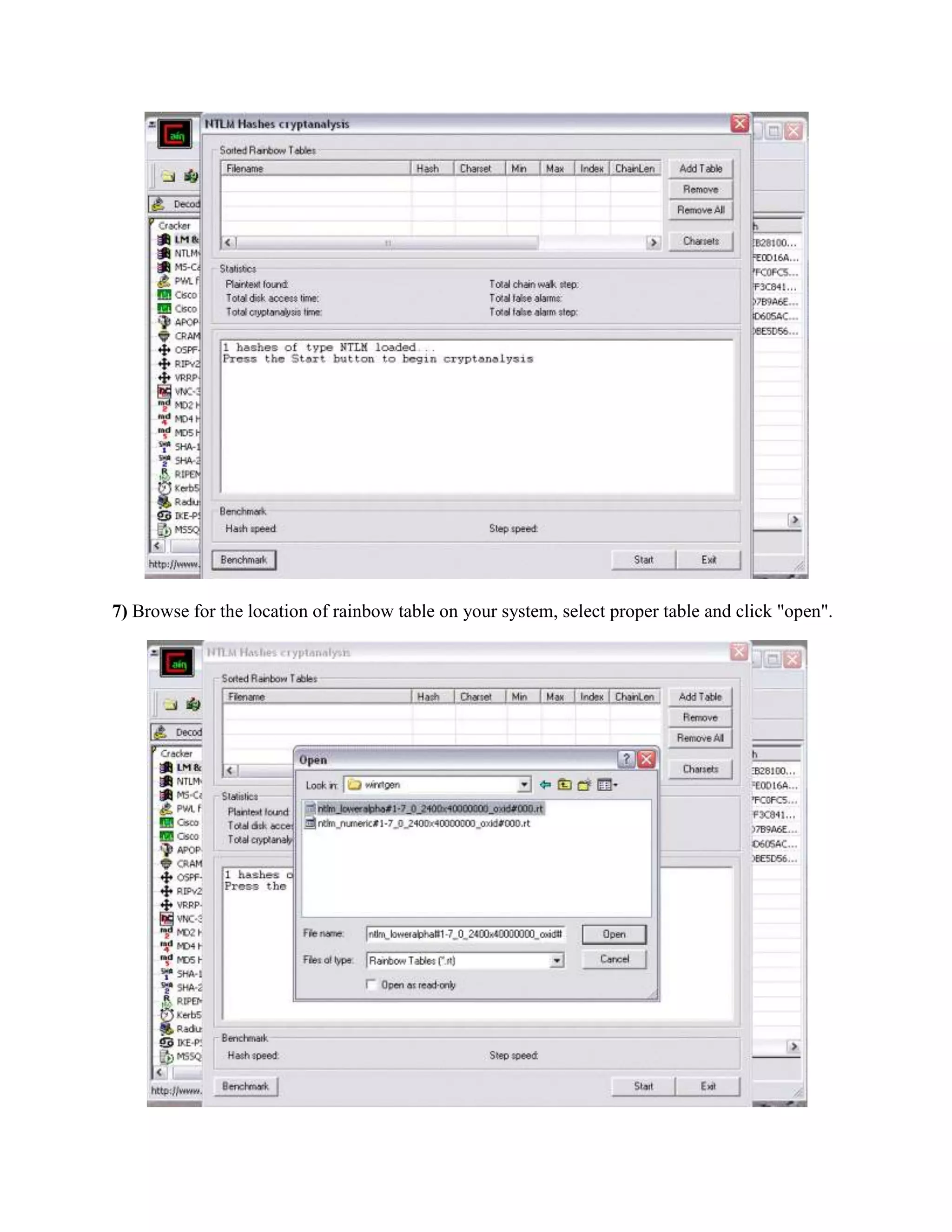7) Browse for the location of rainbow table on your system, select proper table and click "open".
 