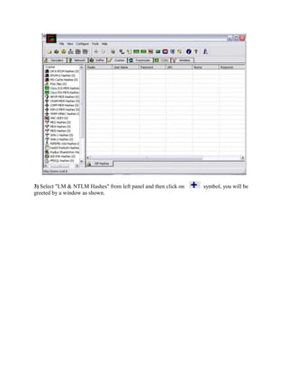 3) Select "LM & NTLM Hashes" from left panel and then click on   symbol, you will be
greeted by a window as shown.
 