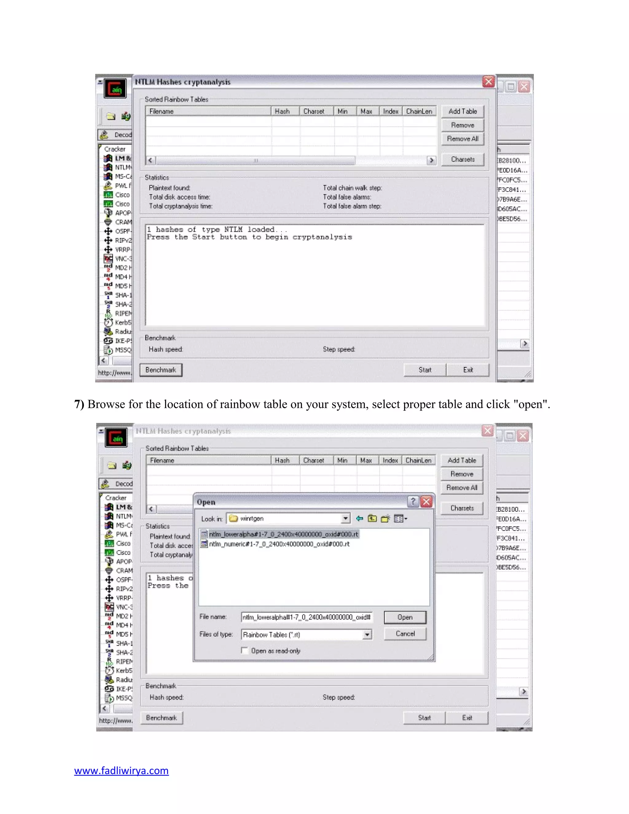 7) Browse for the location of rainbow table on your system, select proper table and click "open".
www.fadliwirya.com
 
