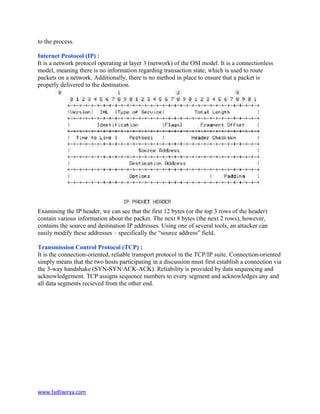 to the process.
Internet Protocol (IP) :
It is a network protocol operating at layer 3 (network) of the OSI model. It is a connectionless
model, meaning there is no information regarding transaction state, which is used to route
packets on a network. Additionally, there is no method in place to ensure that a packet is
properly delivered to the destination.
Examining the IP header, we can see that the first 12 bytes (or the top 3 rows of the header)
contain various information about the packet. The next 8 bytes (the next 2 rows), however,
contains the source and destination IP addresses. Using one of several tools, an attacker can
easily modify these addresses – specifically the “source address” field.
Transmission Control Protocol (TCP) :
It is the connection-oriented, reliable transport protocol in the TCP/IP suite. Connection-oriented
simply means that the two hosts participating in a discussion must first establish a connection via
the 3-way handshake (SYN-SYN/ACK-ACK). Reliability is provided by data sequencing and
acknowledgement. TCP assigns sequence numbers to every segment and acknowledges any and
all data segments recieved from the other end.
www.fadliwirya.com
 