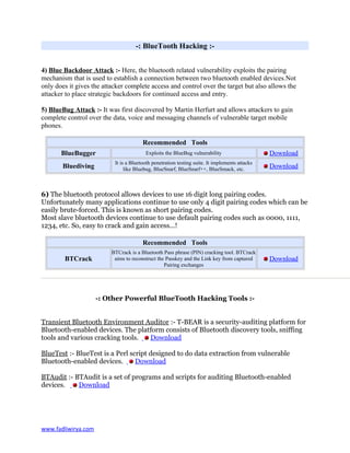 -: BlueTooth Hacking :-
4) Blue Backdoor Attack :- Here, the bluetooth related vulnerability exploits the pairing
mechanism that is used to establish a connection between two bluetooth enabled devices.Not
only does it gives the attacker complete access and control over the target but also allows the
attacker to place strategic backdoors for continued access and entry.
5) BlueBug Attack :- It was first discovered by Martin Herfurt and allows attackers to gain
complete control over the data, voice and messaging channels of vulnerable target mobile
phones.
Recommended Tools
BlueBugger Exploits the BlueBug vulnerability Download
Bluediving
It is a Bluetooth penetration testing suite. It implements attacks
like Bluebug, BlueSnarf, BlueSnarf++, BlueSmack, etc. Download
6) The bluetooth protocol allows devices to use 16 digit long pairing codes.
Unfortunately many applications continue to use only 4 digit pairing codes which can be
easily brute-forced. This is known as short pairing codes.
Most slave bluetooth devices continue to use default pairing codes such as 0000, 1111,
1234, etc. So, easy to crack and gain access...!
Recommended Tools
BTCrack
BTCrack is a Bluetooth Pass phrase (PIN) cracking tool. BTCrack
aims to reconstruct the Passkey and the Link key from captured
Pairing exchanges
Download
-: Other Powerful BlueTooth Hacking Tools :-
Transient Bluetooth Environment Auditor :- T-BEAR is a security-auditing platform for
Bluetooth-enabled devices. The platform consists of Bluetooth discovery tools, sniffing
tools and various cracking tools. Download
BlueTest :- BlueTest is a Perl script designed to do data extraction from vulnerable
Bluetooth-enabled devices. Download
BTAudit :- BTAudit is a set of programs and scripts for auditing Bluetooth-enabled
devices. Download
www.fadliwirya.com
 
