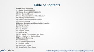 © 2025 Claight Corporation (Expert Market Research) All rights reserved.
Table of Contents
01 Executive Summary
1.1 Market Size 2024-2025
1.2 Market Growth 2025(F)-2034(F)
1.3 Key Demand Drivers
1.4 Key Players and Competitive Structure
1.5 Industry Best Practices
1.6 Recent Trends and Developments
1.7 Industry Outlook
02 Market Overview and Stakeholder Insights
2.1 Market Trends
2.2 Key Verticals
2.3 Key Regions
2.4 Supplier Power
2.5 Buyer Power
2.6 Key Market Opportunities and Risks
2.7 Key Initiatives by Stakeholders
03 Economic Summary
3.1 GDP Outlook
3.2 GDP Per Capita Growth
3.3 Inflation Trends
3.4 Democracy Index
3.5 Gross Public Debt Ratios
 