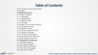 © 2025 Claight Corporation (Expert Market Research) All rights reserved.
Table of Contents
10.4.2 Forecast Trend (2025-2034)
10.5 Others
11 Market Dynamics
11.1 SWOT Analysis
11.1.1 Strengths
11.1.2 Weaknesses
11.1.3 Opportunities
11.1.4 Threats
11.2 Porter’s Five Forces Analysis
11.2.1 Supplier’s Power
11.2.2 Buyer’s Power
11.2.3 Threat of New Entrants
11.2.4 Degree of Rivalry
11.2.5 Threat of Substitutes
11.3 Key Indicators for Demand
11.4 Key Indicators for Price
12 Competitive Landscape
12.1 Supplier Selection
12.2 Key Global Players
12.3 Key Regional Players
12.4 Key Player Strategies
12.5 Company Profiles
 