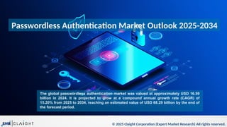 © 2025 Claight Corporation (Expert Market Research) All rights reserved.
The global passwordless authentication market was valued at approximately USD 16.59
billion in 2024. It is projected to grow at a compound annual growth rate (CAGR) of
15.20% from 2025 to 2034, reaching an estimated value of USD 68.29 billion by the end of
the forecast period.
Passwordless Authentication Market Outlook 2025-2034
 