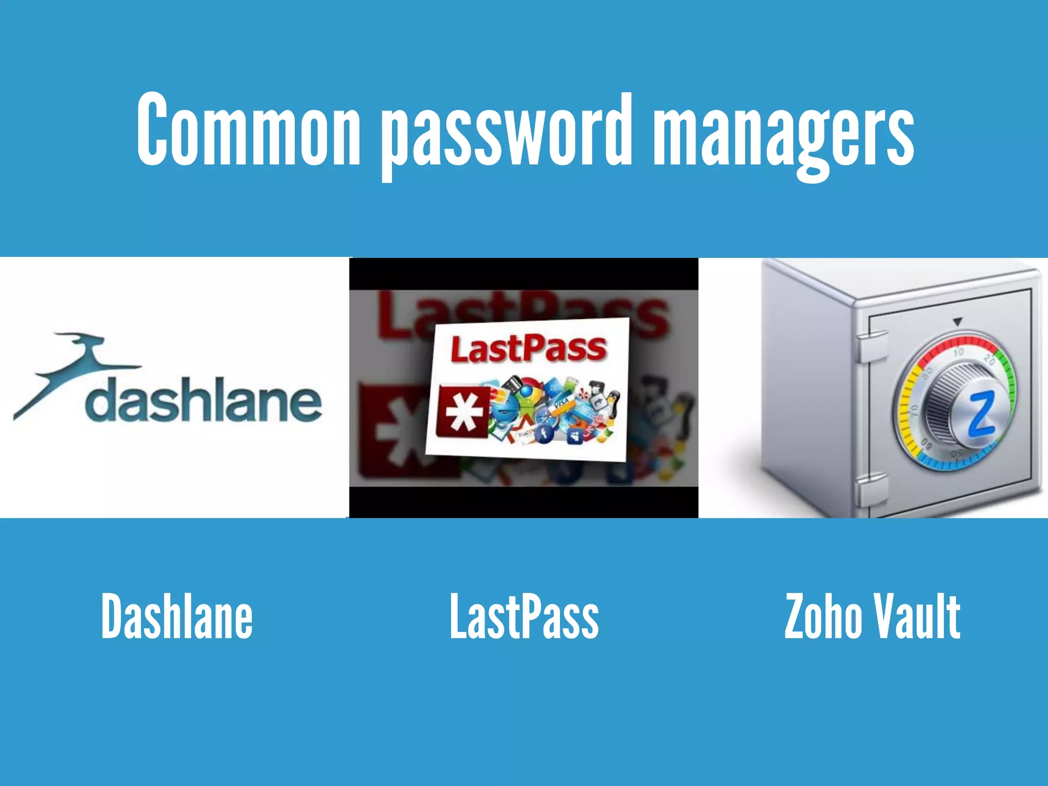 Common password managers
Dashlane LastPass Zoho Vault
 