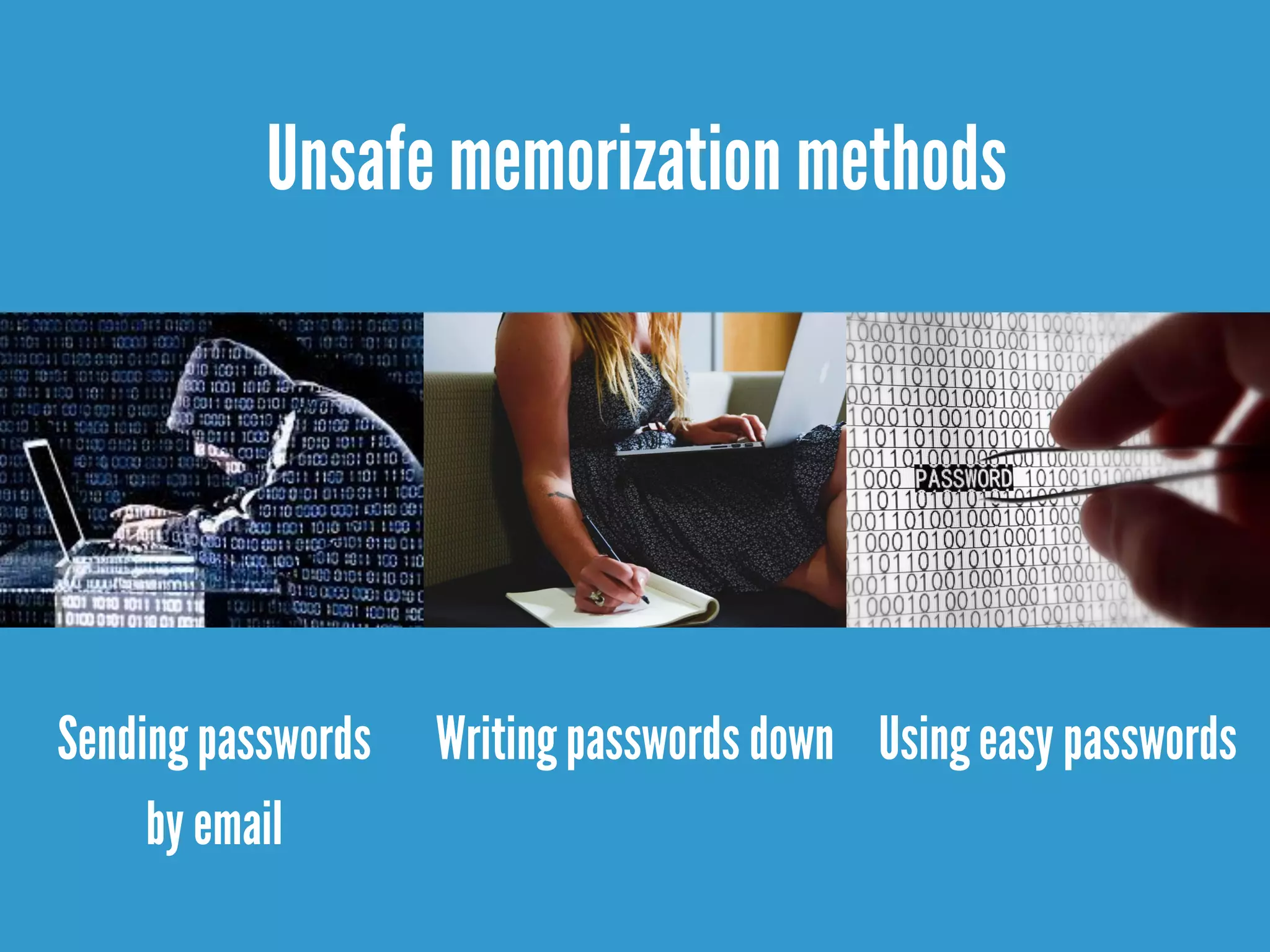 Unsafe memorization methods
Sending passwords
by email
Writingpasswords down Usingeasy passwords
 