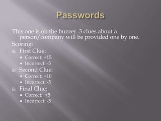 Passwords This one is on the buzzer. 3 clues about a person/company will be provided one by one.  Scoring: First Clue:  Correct: +15 Incorrect: -5 Second Clue:  Correct: +10 Incorrect: -5 Final Clue: Correct:  +5 Incorrect: -5 