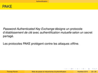 Authentiﬁcation


PAKE




                                         ´
Password-Authenticated Key Exchange designe un proto...
