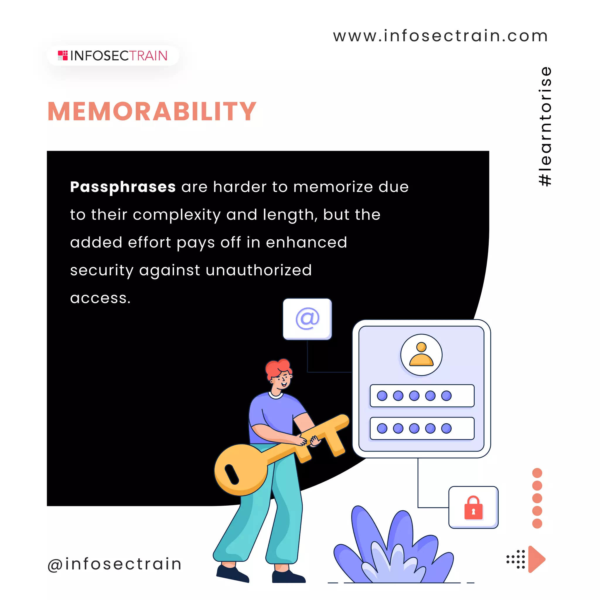 MEMORABILITY
www.infosectrain.com
@infosectrain
#
l
e
a
r
n
t
o
r
i
s
e
Passphrases are harder to memorize due
to their complexity and length, but the
added effort pays off in enhanced
security against unauthorized
access.