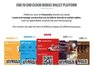 MEMBERSHIP CARD
BOARDING PASS
COUPON
EVENT TICKET
STORECARD
END-TO-END CLOUD MOBILE WALLET PLATFORM
Platforms such as Passworks, Brands can easily
create and manage content that can be deliver directly to mobile wallets,
such as Apple Wallet, Android Pay and Samsung Pay.
The content can take the form of different shapes for different purposes.
PASSWORKS INVESTORS PITCH©2015
 
