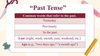 “Past Tense”
Common words that refer to the past.
Yesterday
Previously
In the past
Last (night, week, month, year, weekend, etc.)
Ago (e.g., "two days ago," "a month ago")
 