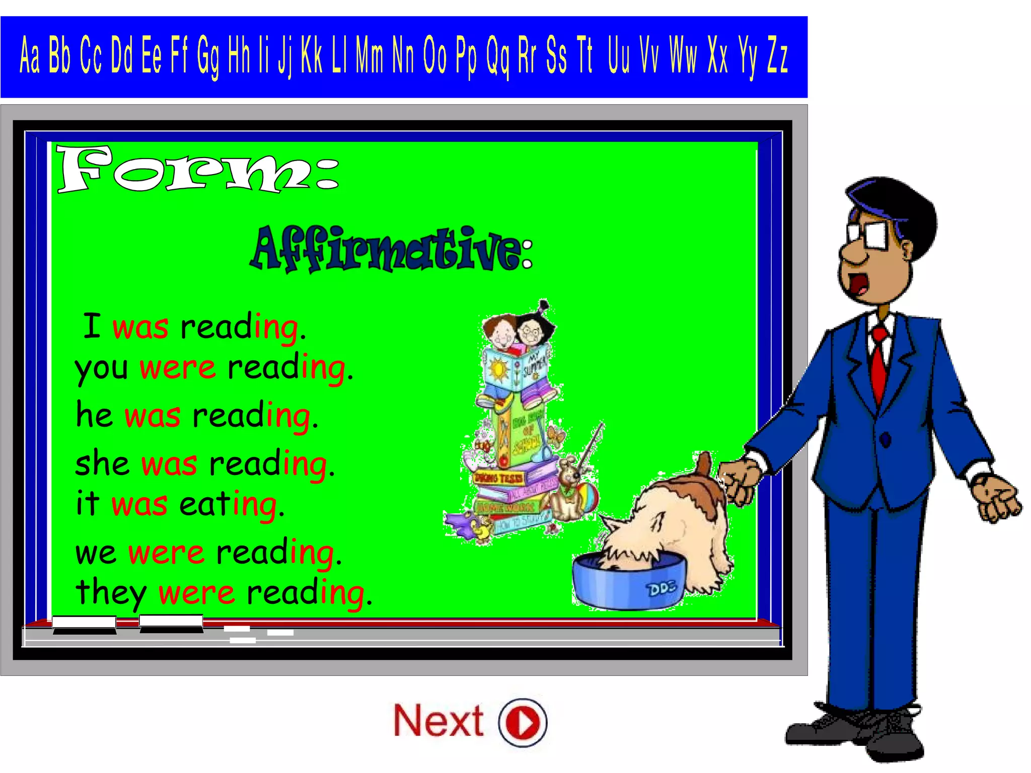 I was reading.
you were reading.
he was reading.
she was reading.
it was eating.
we were reading.
they were reading.