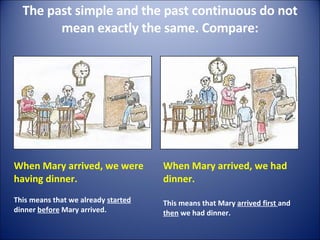 The past simple and the past continuous do not mean exactly the same. Compare: When Mary arrived, we were having dinner. This means that we already  started  dinner  before  Mary arrived. When Mary arrived, we had dinner. This means that Mary  arrived first  and  then  we had dinner. 