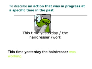 This time  yesterday the hairdresser  was  working This time yesterday / the hairdresser /work To describe  an action that was in progress at  a specific time in the past 