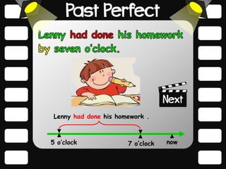 7 o’clock
Lenny had done his homework .
now
5 o’clock
 