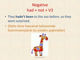 Negative
had + not + V3
• They hadn’t been to the zoo before, so they
were surprised.
• (Daha önce hayvanat bahçesinde
bulunmamışlardı bu yüzden şaşkındılar)
ingilizcebankasi.com
 