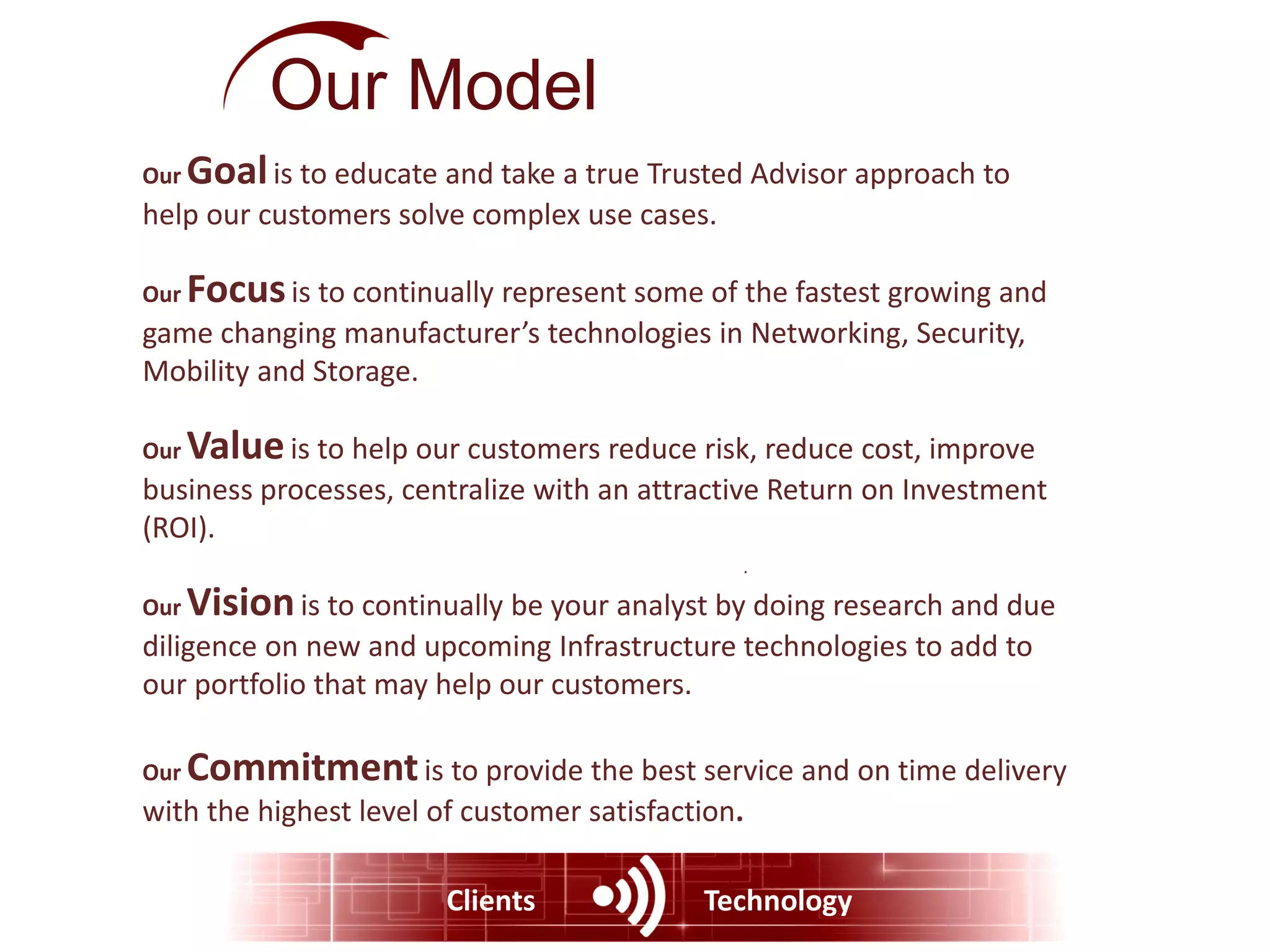 Our Model
Our Goalis to educate and take a true Trusted Advisor approach to
help our customers solve complex use cases.
Our Focusis to continually represent some of the fastest growing and
game changing manufacturer’s technologies in Networking, Security,
Mobility and Storage.
Our Valueis to help our customers reduce risk, reduce cost, improve
business processes, centralize with an attractive Return on Investment
(ROI).
Our Visionis to continually be your analyst by doing research and due
diligence on new and upcoming Infrastructure technologies to add to
our portfolio that may help our customers.
Our Commitmentis to provide the best service and on time delivery
with the highest level of customer satisfaction.
.
TechnologyClients
 