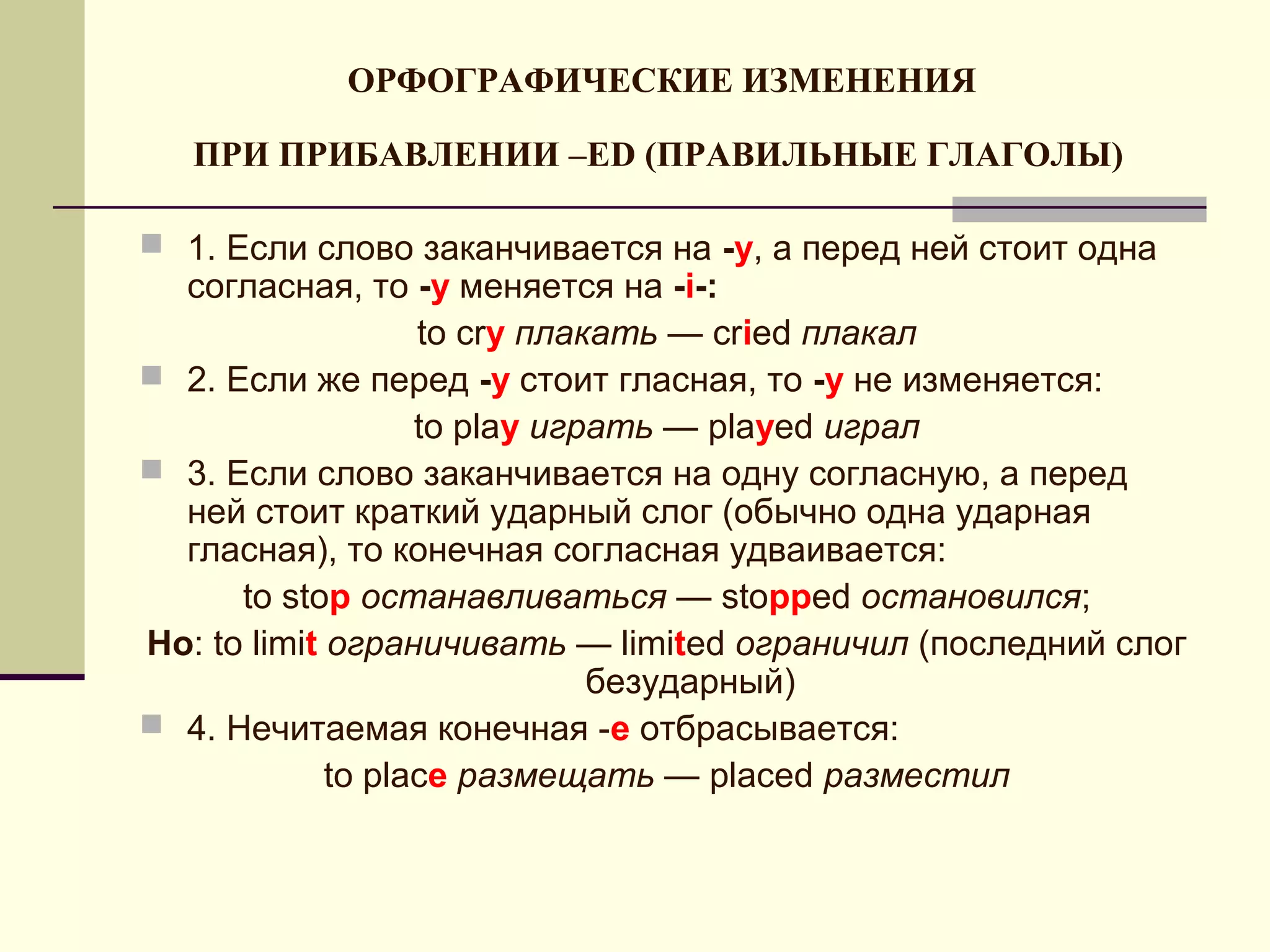 ОРФОГРАФИЧЕСКИЕ ИЗМЕНЕНИЯ

   ПРИ ПРИБАВЛЕНИИ –ED (ПРАВИЛЬНЫЕ ГЛАГОЛЫ)

 1. Если слово заканчивается на -y, а перед ней стоит одна
  согласная, то -y меняется на -i-:
                   to cry плакать — cried плакал
 2. Если же перед -y стоит гласная, то -y не изменяется:
                   to play играть — played играл
 3. Если слово заканчивается на одну согласную, а перед
  ней стоит краткий ударный слог (обычно одна ударная
  гласная), то конечная согласная удваивается:
      to stop останавливаться — stopped остановился;
Но: to limit ограничивать — limited ограничил (последний слог
                              безударный)
 4. Нечитаемая конечная -е отбрасывается:
             to place размещать — placed разместил
 