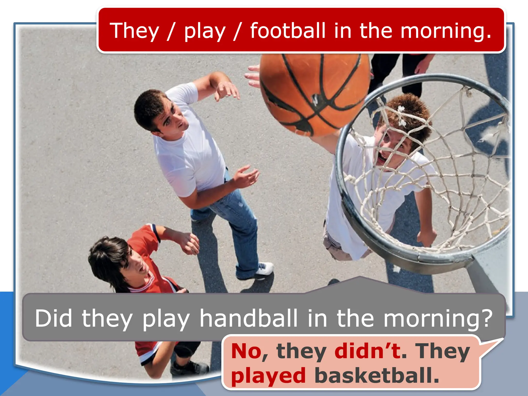 They / play / football in the morning.
Did they play handball in the morning?
No, they didn’t. They
played basketball.
 