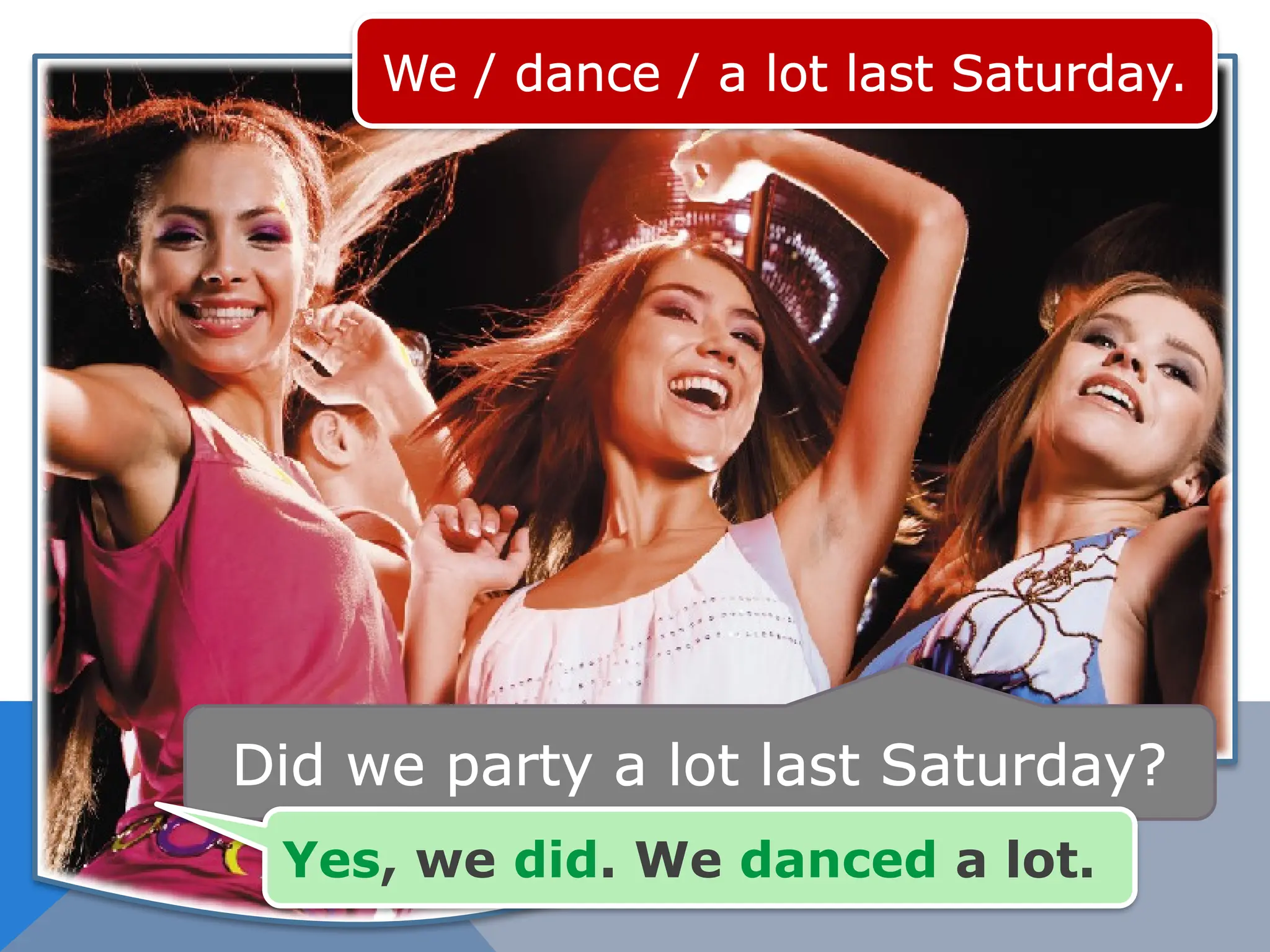 We / dance / a lot last Saturday.
Did we party a lot last Saturday?
Yes, we did. We danced a lot.
 