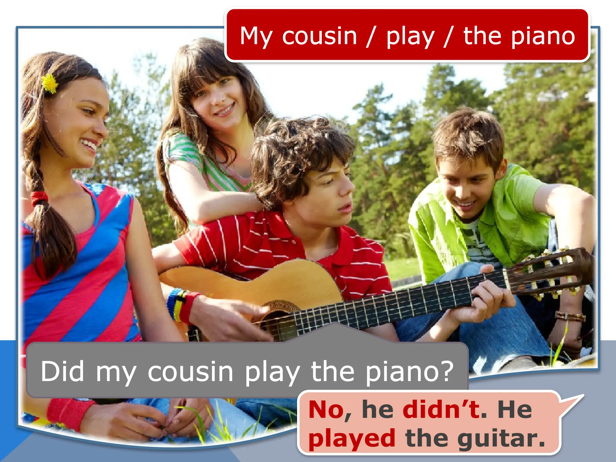 My cousin / play / the piano
Did my cousin play the piano?
No, he didn’t. He
played the guitar.
 