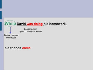 While David was doing his homework,
his friends came
Longer action
(past continuous tense)
Before the past
continuous
 