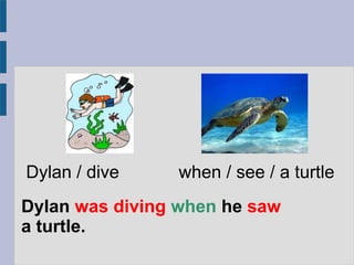 Dylan was diving when he saw
a turtle.
Dylan / dive when / see / a turtle
 