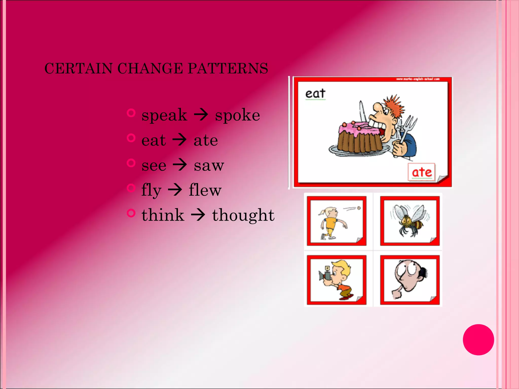 CERTAIN CHANGE PATTERNS
 speak  spoke
 eat  ate
 see  saw
 fly  flew
 think  thought
 