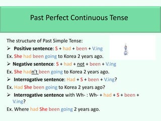 The structure of Past Simple Tense:
 Positive sentence: S + had + been + V.ing
Ex. She had been going to Korea 2 years ago.
 Negative sentence: S + had + not + been + V.ing
Ex. She hadn’t been going to Korea 2 years ago.
 Interrogative sentence: Had + S + been + V.ing?
Ex. Had She been going to Korea 2 years ago?
 Interrogative sentence with Wh- : Wh- + had + S + been +
V.ing?
Ex. Where had She been going 2 years ago.
Past Perfect Continuous Tense
 