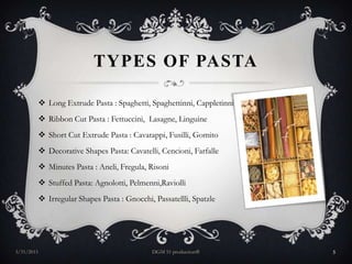Types of pastaLong Extrude Pasta : Spaghetti, Spaghettinni, CappletinniRibbon Cut Pasta : Fettuccini,  Lasagne, LinguineShort Cut Extrude Pasta : Cavatappi, Fusilli, GomitoDecorative Shapes Pasta: Cavatelli, Cencioni, FarfalleMinutes Pasta : Aneli, Fregula, RisoniStuffed Pasta: Agnolotti, Pelmenni,RaviolliIrregular Shapes Pasta : Gnocchi, Passatellli, Spatzle29/3/2011DGM 51 production®5