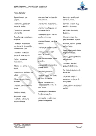 IES MEDITERRÀNIA. 1º DIRECCIÓN DE COCINA


Pasta tubular
Bucatini, pasta con          Macaroni, varios tipos de    Pennette, versión más
agujero.                     macarrones.                  corta de penne.

Calamarata, pasta con        Maccheroni, macarrones.      Pennoni, versión muy
forma de anillos.                                         genérica de penne.
                             Maccheroncelli, pasta con
Calamaretti, pequeños        forma de pincel.             Perciatelli, finos muy
calamarata.                                               bucatini,
                             Maltagliati, pasta cortada
Cannelloni, grandes tubos    por los extremos.            Rigatoncini, versión
de pasta.                                                 pequeña de los rigatoni.
                             Manicotti, pasta grande y
Cavatappi, macarrones        rellena.                     Rigatoni, versión grande
con forma de S conocidos                                  de los rigatti.
como Scooby Doo.             Mezzani, tubo encurvado.
                                                          Sagne incannulate, tubo
Cellentani, pasta con        Mezze penne, versión         largo con estrías.
forma de sacacorchos.        corta de penne.
                                                          Trenne, penne en forma
Chifferi, pequeños           Mezzi bombardoni, tubos      de triángulo.
                             grandes.
macarrones.
                                                          Trennette, versión
                             Mostaccioli, otro nombre
Ditalini, con forma de                                    pequeña de trenne,
dedal.                       para el penne.
                                                          Tortiglioni, rigatoni más
Fideuà, tubos en forma de    Paccheri, gran tubo.         estrecho.
tubos.                       Pasta al ceppo, con forma    Ziti, tubos largos y
Elbow macaroni, tubos        de rama de canela.           estrechos en forma de
doblados.                    Penne, tubos de pasta        mangueras.

Elicoidali, tubos doblados   cortados con la forma de     Zitoni, versión más ancha
al azar.                     una pluma.                   de Ziti.

Fagioloni, tubos.            Penne rigate, penne con
                             bordes arrugados.
Garganelli, tubos
enrollados sobre una         Penne zita, versión muy
pasta cuadrada.              genérica de penne.




YOLANDA CALDERON
PABLO BALDO                                                                 Página 7
 