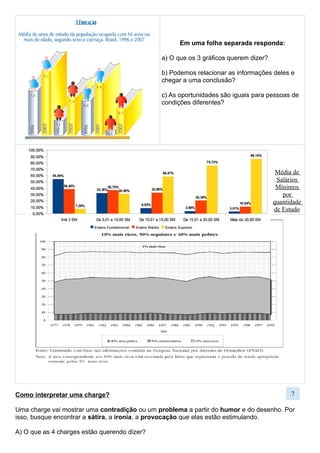 Como interpretar uma charge?
Uma charge vai mostrar uma contradição ou um problema a partir do humor e do desenho. Por
isso, busque encontrar a sátira, a ironia, a provocação que elas estão estimulando.
A) O que as 4 charges estão querendo dizer?
B) Qual é a relação entre as duas primeiras?
C) Qual a relação entre as duas últimas?
Tarefa para o laboratório (ou para casa)
• Procure: estatísticas, gráficos, infográficos, números...charges...músicas...vídeos...filmes...
… que expliquem o seu tema inicial de pesquisa ou sejam relacionados com seu o assunto.
• Selecione alguns para formar um “banco de dados”, ou seja, registre essa informação em um arquivo de texto
- trabalharemos em cima dessas informações na próxima aula.
• Imprima os gráficos e charges completos, as demais fontes de dados podem ser apenas referenciadas.
7
 
