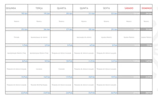 CLIENTE: TAM
FILME: “PRESENTE OLIMPICO”
SEGUNDA TERÇA QUARTA QUINTA SEXTA SÁBADO DOMINGO
18/Jan 19/Jan 20/Jan 21/Jan 22/Jan 23/Jan 24/Jan
Roteiro Roteiro Roteiro Roteiro Roteiro Roteiro Roteiro
25/Jan 26/Jan 27/Jan 28/Jan 29/Jan 30/Jan 31/Jan
Feriado Apresentação de roteiro Aprovação de roteiro Ajustes Roteiro Ajustes Roteiro Ajustes Roteiro
1/Feb 2/Feb 3/Feb 4/Feb 5/Feb 6/Feb 7/Feb
Apresentação Roteiro Final Apresentação Roteiro Final Pesquisa de elenco/Locação Pesquisa de elenco/Locação Pesquisa de elenco/Locação
8/Feb 9/Feb 10/Feb 11/Feb 12/Feb 13/Feb 14/Feb
Pesquisa de elenco/Locação Carnaval Carnaval Pesquisa de elenco/Locação Pesquisa de elenco/Locação
15/Feb 16/Feb 17/Feb 18/Feb 19/Feb 20/Feb 21/Feb
Pesquisa de elenco/Locação Reunião Briefing Equipe Pesquisa de elenco/Locação Pesquisa de elenco/Locação Pesquisa de elenco/Locação
22/Feb 23/Feb 24/Feb 25/Feb 26/Feb 27/Feb 28/Feb
. . . . . . . . . . . . . . . . . . . . . . . . . . . . . . .. . . . . . . . . . . . . . . . . . . . . . . . . . . . . . . . . . . . . . . . .
 