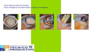 Cernir harina y polvo de hornear.
Poner al fuego en una olla la leche, el agua y la margarina.
 