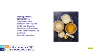 Crema pastelera:
INGREDIENTES
2 yemas de huevo
2 tazas de leche líquida
Media taza de azúcar
5 cucharadas de maicena
Media cdita de esencia de
almendra
1 cda. de margarina
 
