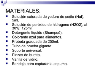 MATERIALES: 
 Solución saturada de yoduro de sodio (NaI), 
5ml. 
 Solución de peróxido de hidrógeno (H2O2), al 
30%; 125ml. 
 Detergente líquido (Shampoó). 
 Colorante azul para alimentos. 
 Probeta graduada de 250ml. 
 Tubo de prueba gigante. 
 Soporte universal. 
 Pinzas de bureta. 
 Varilla de vidrio. 
 Bandeja para capturar la espuma. 
 