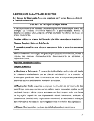 25
3. DISTRIBUIÇÃO DAS ATIVIDADES DE ESTÁGIO
3.1. Estágio de Observação, Regência e registro no 5º termo: Educação Infantil
e Ensino Fundamental.
5º SEMESTRE – Estágio Educação Infantil
A educação infantil é um processo fundamental para uma aprendizagem efetiva das
crianças. Ela socializa, desenvolve habilidades e potencialidades, melhora o
desempenho escolar futuro, propicia à criança resultados importantes ao chegar ao
ensino fundamental.
Escolas: pública ou privada de Educação Infantil (preferencialmente pública)
Classes: Berçário, Maternal, Pré-Escola.
É necessário escolher uma classe e permanecer todo o semestre na mesma
turma.
Educação Infantil: observação das práticas pedagógicas desenvolvidas, análise e
reflexão das mesmas. Acompanhamento, desenvolvimento de atividades e
regência de classe.
Aspectos a serem observados:
Berçário e Maternal
a) Identidade e Autonomia: A construção da identidade e autonomia está ligada
ao progressivo conhecimento que as crianças vão adquirindo de si mesmas, a
autoimagem que através deste conhecimento se forma e à capacidade para utilizar
diferentes recursos em diferentes momentos e situações.
b) Movimento: Desde pequenas as crianças movimentam-se por intermédio das
experiências como, por exemplo: correm, saltam, pulam, manuseiam objetos, etc. O
movimento humano não se resume apenas em um deslocamento e sim uma forma
de linguagem corporal em que expressamos nossos sentimentos, emoções e
pensamentos. O modo como se processa o movimento é o resultado da interação
do homem com o meio social e as interações sociais decorrentes desse processo.
c) Música: Diversos estilos musicais são trabalhados pelos professores na
 