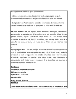 26
educação infantil, dentre os quais podemos citar:
-Músicas para aconchego: canções de ninar cantadas pelos pais, as quais
contribuem no estreitamento da relação familiar e são utilizadas nas creches.
-Cantigas de roda: As brincadeiras realizadas com músicas de roda auxiliam no
desenvolvimento de movimentos, na oralidade e na iniciação musical escolar.
d) Artes Visuais: tem por objetivo atribuir sentidos a sensações, sentimentos,
pensamentos e realidade por vários meios, como por exemplo: linhas, formas,
pontos, círculos, figuras geométricas, entre outros. As Artes Visuais estão
presentes no dia-a-dia da criança, de formas bem simples como: rabiscar e
desenhar no chão, na areia, em muros, sendo feitos com os materiais mais
diversos
.
e) Linguagem Oral: A fala é o principal instrumento de comunicação das crianças
com os professores e seus colegas na educação Infantil. Todos devem saber se
expressar e usar a linguagem em variadas situações como em conversas,
entrevistas, seminários, ao telefone, entre tantas outras. Para desenvolver a
comunicação oral desde cedo, o professor deve diversificar os assuntos e
atividades abordados em sala de aula.
Pré-Escola
a) todos os elementos anteriores
b) linguagem escrita
c) natureza e sociedade
d) matemática
Carga horária: 30 horas
Regência
1-Berçário e Maternal (o aluno deverá elaborar um Plano de Intervenção para
 