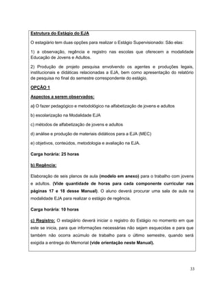 33
Estrutura do Estágio do EJA
O estagiário tem duas opções para realizar o Estágio Supervisionado: São elas:
1) a observação, regência e registro nas escolas que oferecem a modalidade
Educação de Jovens e Adultos.
2) Produção de projeto pesquisa envolvendo os agentes e produções legais,
institucionais e didáticas relacionadas a EJA, bem como apresentação do relatório
de pesquisa no final do semestre correspondente do estágio.
OPÇÃO 1
Aspectos a serem observados:
a) O fazer pedagógico e metodológico na alfabetização de jovens e adultos
b) escolarização na Modalidade EJA
c) métodos de alfabetização de jovens e adultos
d) análise e produção de materiais didáticos para a EJA (MEC)
e) objetivos, conteúdos, metodologia e avaliação na EJA.
Carga horária: 25 horas
b) Regência:
Elaboração de seis planos de aula (modelo em anexo) para o trabalho com jovens
e adultos. (Vide quantidade de horas para cada componente curricular nas
páginas 17 e 18 desse Manual). O aluno deverá procurar uma sala de aula na
modalidade EJA para realizar o estágio de regência.
Carga horária: 10 horas
c) Registro: O estagiário deverá iniciar o registro do Estágio no momento em que
este se inicia, para que informações necessárias não sejam esquecidas e para que
também não ocorra acúmulo de trabalho para o último semestre, quando será
exigida a entrega do Memorial (vide orientação neste Manual).
 