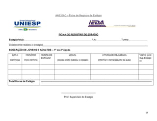 65
ANEXO Q – Ficha de Registro de Estágio
FICHA DE REGISTRO DE ESTÁGIO
Estagiário(a):___________________________________________________R.A:___________________Turma:______________
Cidade(onde realizou o estágio):_______________________________________________________________________________
EDUCAÇÃO DE JOVENS E ADULTOS – 1º ou 2º opção
DATA
dd/mm/aa
HORÁRIO
Início-término
HORAS DE
ESTÁGIO
LOCAL
(escola onde realizou o estágio)
ATIVIDADE REALIZADA
(informar o tema/assunto da aula)
VISTO (prof.
Sup.Estágio
o)
Total Horas de Estágio --------------------------------------------------------------------------------------------------------------------------------------------
__________________________
Prof. Supervisor do Estágio
 