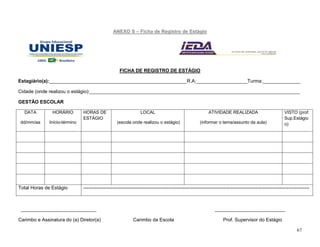 67
ANEXO S – Ficha de Registro de Estágio
FICHA DE REGISTRO DE ESTÁGIO
Estagiário(a):___________________________________________________R.A:___________________Turma:______________
Cidade (onde realizou o estágio):______________________________________________________________________________
GESTÃO ESCOLAR
DATA
dd/mm/aa
HORÁRIO
Início-término
HORAS DE
ESTÁGIO
LOCAL
(escola onde realizou o estágio)
ATIVIDADE REALIZADA
(informar o tema/assunto da aula)
VISTO (prof.
Sup.Estágio
o)
Total Horas de Estágio --------------------------------------------------------------------------------------------------------------------------------------------
____________________________ __________________________
Carimbo e Assinatura do (a) Diretor(a) Carimbo da Escola Prof. Supervisor do Estágio
 