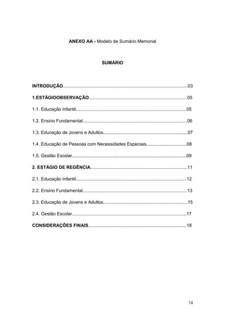 74
ANEXO AA - Modelo de Sumário Memorial
SUMÁRIO
INTRODUÇÃO...................................................................................................03
1.ESTÁGIOOBSERVAÇÃO..............................................................................05
1.1. Educação Infantil........................................................................................05
1.2. Ensino Fundamental...................................................................................06
1.3. Educação de Jovens e Adultos...................................................................07
1.4. Educação de Pessoas com Necessidades Especiais................................08
1.5. Gestão Escolar...........................................................................................09
2. ESTÁGIO DE REGÊNCIA.............................................................................11
2.1. Educação Infantil........................................................................................12
2.2. Ensino Fundamental...................................................................................13
2.3. Educação de Jovens e Adultos...................................................................15
2.4. Gestão Escolar...........................................................................................17
CONSIDERAÇÕES FINAIS..............................................................................18
 