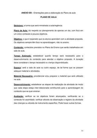 77
ANEXO DD - Orientações para a elaboração do Plano de aula
PLANO DE AULA
Série/ano: a turma que será ministrada a aula/regência.
Plano de Aula: diz respeito ao planejamento de apenas um dia, com foco em
um único conteúdo e poucos objetivos.
Objetivo: o que é esperado que os alunos aprendam com a atividade proposta.
Os objetivos sempre têm foco na aprendizagem, não no ensino.
Conteúdo: conteúdos previstos no Plano de Ensino que serão trabalhados em
sala de aula.
Tempo Estimado: estabelecer quanto tempo será necessário para o
desenvolvimento do conteúdo para atender o objetivo proposto. A duração
deve considerar o tempo necessário e o tempo disponibilizado.
Espaço: será a sala de aula ou outro espaço, de tal forma que se possam
adequar material e atividades.
Material Necessário: providenciar e/ou preparar o material que será utilizado
na aula.
Desenvolvimento: estabelecer as etapas de realização da atividade de modo
que cada etapa esteja inter-relacionada contribuindo para a aprendizagem do
conteúdo que se quer ensinar.
Avaliação: verificar se os objetivos foram alcançados, verificando se o
conteúdo foi assimilado; verificar através da observação e registro da atividade
das crianças ou através de instrumento específico. Pode haver outras formas.
 