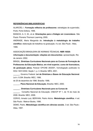 86
REFEREÊNCIAS BIBLIOGRÁFICAS
ALARCÃO, I. Formação reflexiva de professores: estratégias de supervisão.
Porto: Porto Editora, 1996.
BIANCHI, A. C. M., et al. Orientações para o Estágio em Licenciatura. São
Paulo: Pioneira Thomson Learning, 2005.
ANDRADE, Maria Margarida de. Introdução à metodologia do trabalho
científico: elaboração de trabalhos na graduação. 4 a ed. São Paulo : Atlas,
1999.
ASSOCIAÇÃO BRASILEIRA DE NORMAS TÉCNICAS. NBR 10520:
informação e documentação: citações em documentos: apresentação. Rio
de Janeiro: 2002.
BRASIL. Diretrizes Curriculares Nacionais para os Cursos de Formação de
Professores da Educação Básica, em nível superior, curso de licenciatura,
de graduação plena. Parecer CP/CNE 28/2001, homologação publicada no
DOU 18/01/2002, Seção 1, p. 3. Brasília: MÊS, 2001.
______. Governo Federal. Lei de Diretrizes e Bases da Educação Nacional.
Lei n. 9.394. Brasília: MEC, 1996.
de 20 de dezembro de 1996. Brasília: 1996.
______. Plano Nacional de Educação. Brasília: MEC, 2000.
______.. Diretrizes Curriculares Nacionais para os Cursos de
______. Conselho Nacional de Educação. CNE/CP Nº 1, de 15 de maio de
2006. Brasília: MEC, 2006.
CERVO, Amado Luiz; BERVIAN, Pedro Alcino. Metodologia científica. 4 ed.
São Paulo : Makron Books, 1996.
DEMO, Pedro. Metodologia científica em ciências sociais. 3 ed. São Paulo :
Atlas, 1997.
 