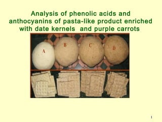 11
Analysis of phenolic acids and
anthocyanins of pasta-like product enriched
with date kernels and purple carrots
 