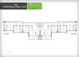 J3                                                                  J3                                                                                                             PCV             PCV                                                                                                                                                                        PCV         PCV                                                                 J1                                                  J3                                                           J3
                                                     J2                                                                                     J1                                                                                                                                                                                                                                                                                                                                                                                                                                J2
                      0,50X0,50                                                           0,50X0,50                                                                                                       4,20x2,10       1,30x2,10                                                                                                                                                                  1,30x2,10   2,90x2,10                                                          1,50x1,20                                           0,50X0,50                                                    0,50X0,50
                                                 2,00x1,20                                                                              1,50x1,20                                                                                                                                                                                                                                                                                                                                                                                                                         2,00x1,20
                      H=1,60M                                                             H=1,60M                                                                                                                                                                                                                                                                                                                                                                                                                                       H=1,60M                                                      H=1,60M

                                                                                                                                                                                                                            A. SER.                                                                                                                                                                 A. SER.
                                                                                                                                                                                                                             A=2,06 m²                                                                                                                    PCF                                       A=2,06 m²
                                                                                                                                                                                                                                                                                                                                                       0,80X2,10




                                                                                                                                                                                                                      APTO TIPO
APARTAMENTO TIPO
                                                                                                                                                                                                    SALA                                                                                                                                                    A.C.                                                      SALA
                                                                                                                                                                                                   A=14,90 m²                                                                                                                                             A=2,52 m²                                                  A=14,90 m²
                      B.W.C.                                                                                                                                                                                               COZINHA                                    ELEV.SOCIAL                                    ELEV. SEG.                                                                   COZINHA                                                                                                                                                                                             B.W.C.

                                                                                                                                                                                                                      • 3 dormitórios, sendo 1 suíte
                      A=3,10 m²                                                                                                                                                                                              A=5,28 m²                                     A=3,24 m²                                    A=3,24 m²                                                                   A=5,28 m²                                                                                                                                                                                         A=3,10 m²

                                                                                          B.W.C.                                     DORMITÓRIO                                                                                                                                                                                                                                                                                                                                DORMITÓRIO                                            B.W.C.




3 dormitórios, sendo 1 suíte
                                                                                                                                                                                                                        e 2 demi-suítes
                                                                                          A=3,15 m²                                         A=8,20 m²                                                                                                                                                                                                                                                                                                                              A=8,20 m²                                         A=3,15 m²


                         P4                                                                                                                                                                                                                                                                                                                                                                                                                                                                                                                                                                               P4


                                                                                                                                                                                                                      • 2 vagas de garagem
                                                                                                                                                                                                                                                                                                                                                                  PCF
                     0,60X2,10                                                                                                                                                                                                                                                                                                                                 0,80X2,10                                                                                                                                                                                                                              0,60X2,10

            P4                        SUITE                                                     P4                     P3                                                                                                                                                                                                                                                                                                                                                                                       P3                      P4
                                                                                                                                                                                                                                                                                                                                                                                                                                                                                                                                                                                        SUITE                          P4



                                                                                                                                                                                                                      • Área Privativa 90,70m²
        0,60X2,10                                                                           0,60X2,10               0,70X2,10                                                                                                                                                                                                                                                                                                                                                                               0,70X2,10               0,60X2,10                                                                       0,60X2,10
                                     A=12,77 m²                                                                                                                                                                                                                                                                                                                                                                                                                                                                                                                                        A=12,77 m²


                                                                                                                                                            CIRC.                                                                                                                                                                                                                                                                                                              CIRC.                                                                    P3
                                                                                 P3
                                                                                                                                                            A=4,54m²
A. TECNICA                                                                    0,70X2,10
                                                                                                                                                                                                                                                                                                                HALL                                                                                                                                                           A=4,54m²                                                             0,70X2,10                                                        A. TECNICA
  A=1,40 m²                                                                                                                                                                                                                                                                                                                                                                                                                                                                                                                                                                                                              A=1,40 m²
                                                                                                                                                                                                                                                                                                                A=8,60 m²
                                                                                                                                                                                                                                                         P1                                                                                                                    P1
                                                                                                                                                                                                                                                     0,80X2,10                                                                                                             0,80X2,10



                                                                                                                                                                                                                                                                          P1                                                                                    P1
                                                                                                                                                                                                                                                                      0,80X2,10                                                                             0,80X2,10




A. TECNICA                                                                                                                                                                                                                                                                                                                                                                                                                                                                                                                                                                                                           A. TECNICA
  A=1,40 m²                                                                                                                                                                                                                                                               P1                                                                                    P1
                                                                                                                                                                                                                                                                                                                                                                                                                                                                                                                                                                                                                         A=1,40 m²
                                                                                                                                                                                                                                                                      0,80X2,10                                                                             0,80X2,10

                                                                                                                                                                                                                                                                                      P4                                                          P4
            P4
                                                                                                                                                            HOME OFFICE/CIRC.                                                                                                     0,60X2,10
                                                                                                                                                                                                                                                                                                                                                                                                                                                       HOME OFFICE/CIRC.
                                                                                                           P3                                                          A=6,95 m²                                                                                                                                                                                                                                                                                                                                            P3                                                                                          P4
        0,60X2,10                                                                                       0,70X2,10                                                                                                                                                                                  LAVABO                     LAVABO                                                                                                                              A=6,95 m²
                                                                                                                                                                                                                                                                                                                                                                                                                                                                                                                        0,70X2,10                                                                                   0,60X2,10
                                                         SUITE                                                                                                                                                                                                                                      A=2,07 m²                   A=2,07 m²                                                                                                                                                                                                                            SUITE
                         P4                                                                                                                                                                                                                                                                                                                                                                                                                                                                                                                                                                                P4
                                                        A=14,42 m²                                                                                                                                                                                                                                                                                                                                                                                                                                                                                                  A=14,42 m²
                     0,60X2,10                                                                                                     P3                                                    P3                                                                                                                                                                                                                                                                                                         P3                                                                                                 0,60X2,10
                                                                                                                                                                                                                                                                                                                                                                                                                                             P3
                                                                                                                                0,70X2,10                                             0,70X2,10                                                                                                                                                                                                                                           0,70X2,10                                             0,70X2,10

                                                                                                                                                                                                                                                                                                                  DUTO
                                                                                                                                                                                                                                                                                                                 A=0,40 m²
                    B.W.C.                                                                                                                                                                                                                                                                                                                                                                                                                                                                                                                                                                              B.W.C.
                    A=3,00 m²                                                                                                                              LAVABO                                                                                                                                                                                                                                                                                                 LAVABO                                                                                                                                A=3,00 m²
                                                                                                                                                  PC                         PC                                                                                                                                                                                                                                                                          PC                          PC
                                                                                                      QUARTO                                               A=1,57 m²                              DEMI-SUITE                                                                                                                                                                                                            DEMI-SUITE                                 A=1,57 m²                                      QUARTO
                                                                                                                                               0,60X2,10                  0,60X2,10                                                                                                                                                                                                                                                                   0,60X2,10                   0,60X2,10
                                                                                                         A=8,75 m²                                                                                  A=8,14 m²                                                                                                                                                                                                                 A=8,14 m²                                                                             A=8,75 m²




                                                                                                                                                           B.W.C.                                                                                                                                                                                                                                                                                                 B.W.C.
                                                                                                                                                           A=2,20 m²                                                                                                                                                                                                                                                                                              A=2,20 m²
                                                                                                                                                                                                                                      SALA                                             COZINHA                                       COZINHA                                                   SALA
                                                     J2                                                                                                                                                                           A=16,54 m²                                            A=6,35 m²                                      A=6,35 m²                                              A=16,54 m²                                                                                                                                                                      J2
                           J3                                                                                                                                                                                                                                                                                                                                                                                                                                                                                                                                                                            J3
                                                 2,00x2,10                                                                                                                                                                                                                                                                                                                                                                                                                                                                                                                2,00x2,10
                       0,50X0,50      (em baixo 2,00x0,90 - vidro fixo)                                                                                                                                                                                                                                                                                                                                                                                                                                                                                         (em baixo 2,00x0,90 - vidro fixo)    0,50X0,50
                       H=1,60M     (em cima 2,00x1,20 - 2 folhas de correr)                                                                                                                                                                                                                                                                                                                                                                                                                                                                                                                          H=1,60M




                                                                                                                                                               J3                                                                                                                                                                                                                                                                                                     J3
                                                                                                              J1                                           0,50X0,50                                     J1                                                                                                                                                                                                                      J1                               0,50X0,50                                            J1
                                                                                                          1,50x1,20                                        H=1,60M                                   1,50x1,20                                                                                                                                                                                                               1,50x1,20                            H=1,60M                                          1,50x1,20




     ÁREA PRIVATIVA                                                                                                                                                                                                                                                                    A. SERV.                                        A. SERV.                                                                                                                                                                                                                                               ÁREA PRIVATIVA
    APT0 01: 90,70 m²                                                                                                                                                                                                                                                                                                                                                                                                                                                                                                                                                                        APT0 02: 90,70 m²
                                                                                                                                                                                                                                                                                       A=2,13 m²                                        A=2,13 m²




                                                                                                                                                                                                                                                PCV                                  PCV                                                       PCV                                   PCV
                                                                                                                                                                                                                                             2,90x2,10                            0,80x2,10                                                 0,80x2,10                             2,90x2,10



                                                                                                                                                                                                                                                                                        DUTO                                           DUTO
                                                                                                                                                                                                                                                                                       A=0,25 m²                                      A=0,25 m²
                                                                                                                                                                                                                                                         SACADA                                                                                                       SACADA
                                                                                                                                                                                                                                                          A=7,85 m²                                                                                                   A=7,85 m²
 