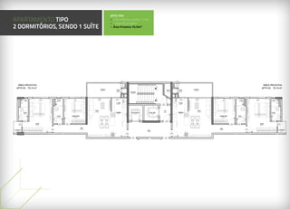 APTO TIPO
APARTAMENTO TIPO                                                                                                                                                                                            • 2 dormitórios, sendo 1 suíte
                                                                                                                                                                                                            • 1 vaga de garagem
2 dormitórios, sendo 1 suíte                                                                                                                                                                                • Área Privativa 70,10m²




     ÁREA PRIVATIVA                                                                                                                                                                                                                                                                                                                                                                                                                                                                                                                      ÁREA PRIVATIVA
    APT0 03: 70,10 m²                                                                                                                                                                         SACADA                                                                                                                                                                SACADA
                                                                                                                                                                                                                                                                                                                                                                                                                                                                                                                                        APT0 04: 70,10 m²
                                                                                                                                                                                                                   DUTO                                                                                                          DUTO                  DUTO
                                                                                                                                                                                                A=7,60 m²                                                                                                                                                           A=7,60 m²
                                                                                                                                                                                                                  A=0,25 m²                                                                                                      A=1,30 m²             A=0,25 m²
                                                                                                                                                                                                                                               ESCADA
                                                                                                                                                                                                                                               A=12,40 m²




                          J3                                                J3                                                                                                             PCV                     PCV                                                                                                                                     PCV           PCV                                                                J1                                                  J3                                                   J3
                                              J2                                                                          J1                                                                                                                                                                                                                                                                                                                                                                                                J2
                      0,50X0,50                                         0,50X0,50                                                                                                       4,20x2,10               1,30x2,10                                                                                                                               1,30x2,10     2,90x2,10                                                         1,50x1,20                                           0,50X0,50                                            0,50X0,50
                                          2,00x1,20                                                                   1,50x1,20                                                                                                                                                                                                                                                                                                                                                                                         2,00x1,20
                      H=1,60M                                           H=1,60M                                                                                                                                                                                                                                                                                                                                                                                                             H=1,60M                                              H=1,60M

                                                                                                                                                                                                                  A. SER.                                                                                                                              A. SER.
                                                                                                                                                                                                                   A=2,06 m²                                                                                            PCF                            A=2,06 m²
                                                                                                                                                                                                                                                                                                                     0,80X2,10




                                                                                                                                                                                  SALA                                                                                                                                    A.C.                                             SALA
                                                                                                                                                                                 A=14,90 m²                                                                                                                             A=2,52 m²                                         A=14,90 m²
                      B.W.C.                                                                                                                                                                                     COZINHA                       ELEV.SOCIAL                               ELEV. SEG.                                                   COZINHA                                                                                                                                                                                    B.W.C.
                      A=3,10 m²                                                                                                                                                                                    A=5,28 m²                        A=3,24 m²                               A=3,24 m²                                                  A=5,28 m²                                                                                                                                                                                 A=3,10 m²

                                                                        B.W.C.                                     DORMITÓRIO                                                                                                                                                                                                                                                                                                      DORMITÓRIO                                            B.W.C.
                                                                        A=3,15 m²                                         A=8,20 m²                                                                                                                                                                                                                                                                                                    A=8,20 m²                                         A=3,15 m²


                         P4                                                                                                                                                                                                                                                                                                     PCF                                                                                                                                                                                                                  P4
                     0,60X2,10                                                                                                                                                                                                                                                                                               0,80X2,10                                                                                                                                                                                                           0,60X2,10

            P4                     SUITE                                      P4                     P3                                                                                                                                                                                                                                                                                                                                                             P3                      P4
                                                                                                                                                                                                                                                                                                                                                                                                                                                                                                                                     SUITE                        P4
        0,60X2,10                                                         0,60X2,10               0,70X2,10                                                                                                                                                                                                                                                                                                                                                     0,70X2,10               0,60X2,10                                                              0,60X2,10
                                  A=12,77 m²                                                                                                                                                                                                                                                                                                                                                                                                                                                                                        A=12,77 m²


                                                                                                                                          CIRC.                                                                                                                                                                                                                                                                                    CIRC.                                                                    P3
                                                               P3
                                                                                                                                          A=4,54m²
A. TECNICA                                                  0,70X2,10
                                                                                                                                                                                                                                                                                    HALL                                                                                                                                           A=4,54m²                                                             0,70X2,10                                               A. TECNICA
  A=1,40 m²                                                                                                                                                                                                                                                                                                                                                                                                                                                                                                                                                         A=1,40 m²
                                                                                                                                                                                                                                                                                    A=8,60 m²
                                                                                                                                                                                                                                       P1                                                                                                    P1
                                                                                                                                                                                                                                   0,80X2,10                                                                                             0,80X2,10



                                                                                                                                                                                                                                                   P1                                                                         P1
                                                                                                                                                                                                                                               0,80X2,10                                                                  0,80X2,10




A. TECNICA                                                                                                                                                                                                                                                                                                                                                                                                                                                                                                                                                      A. TECNICA
  A=1,40 m²                                                                                                                                                                                                                                        P1                                                                         P1
                                                                                                                                                                                                                                                                                                                                                                                                                                                                                                                                                                    A=1,40 m²
                                                                                                                                                                                                                                               0,80X2,10                                                                  0,80X2,10

                                                                                                                                                                                                                                                                P4                                              P4
            P4
                                                                                                                                          HOME OFFICE/CIRC.                                                                                                 0,60X2,10
                                                                                                                                                                                                                                                                                                                                                                                                           HOME OFFICE/CIRC.
                                                                                         P3                                                          A=6,95 m²                                                                                                                                                                                                                                                                                                                  P3                                                                                 P4
        0,60X2,10                                                                     0,70X2,10                                                                                                                                                                         LAVABO                    LAVABO                                                                                                              A=6,95 m²
                                                                                                                                                                                                                                                                                                                                                                                                                                                                            0,70X2,10                                                                          0,60X2,10
                                                SUITE                                                                                                                                                                                                                   A=2,07 m²                   A=2,07 m²                                                                                                                                                                                                       SUITE
                         P4                                                                                                                                                                                                                                                                                                                                                                                                                                                                                                                           P4
                                               A=14,42 m²                                                                                                                                                                                                                                                                                                                                                                                                                                                           A=14,42 m²
                     0,60X2,10                                                                                   P3                                                    P3                                                                                                                                                                                                                                                                               P3                                                                                        0,60X2,10
                                                                                                                                                                                                                                                                                                                                                                                                 P3
                                                                                                              0,70X2,10                                             0,70X2,10                                                                                                                                                                                                                 0,70X2,10                                             0,70X2,10

                                                                                                                                                                                                                                                                                      DUTO
                                                                                                                                                                                                                                                                                     A=0,40 m²
                    B.W.C.                                                                                                                                                                                                                                                                                                                                                                                                                                                                                                                         B.W.C.
                    A=3,00 m²                                                                                                            LAVABO                                                                                                                                                                                                                                                                       LAVABO                                                                                                                       A=3,00 m²
                                                                                                                                PC                         PC                                                                                                                                                                                                                                                PC                          PC
                                                                                    QUARTO                                               A=1,57 m²                              DEMI-SUITE                                                                                                                                                                                      DEMI-SUITE                             A=1,57 m²                                      QUARTO
                                                                                                                             0,60X2,10                  0,60X2,10                                                                                                                                                                                                                                         0,60X2,10                   0,60X2,10
                                                                                       A=8,75 m²                                                                                  A=8,14 m²                                                                                                                                                                                       A=8,14 m²                                                                             A=8,75 m²




                                                                                                                                         B.W.C.                                                                                                                                                                                                                                                                       B.W.C.
                                                                                                                                         A=2,20 m²                                                                                                                                                                                                                                                                    A=2,20 m²
                                                                                                                                                                                                                            SALA                                COZINHA                                  COZINHA                                     SALA
 