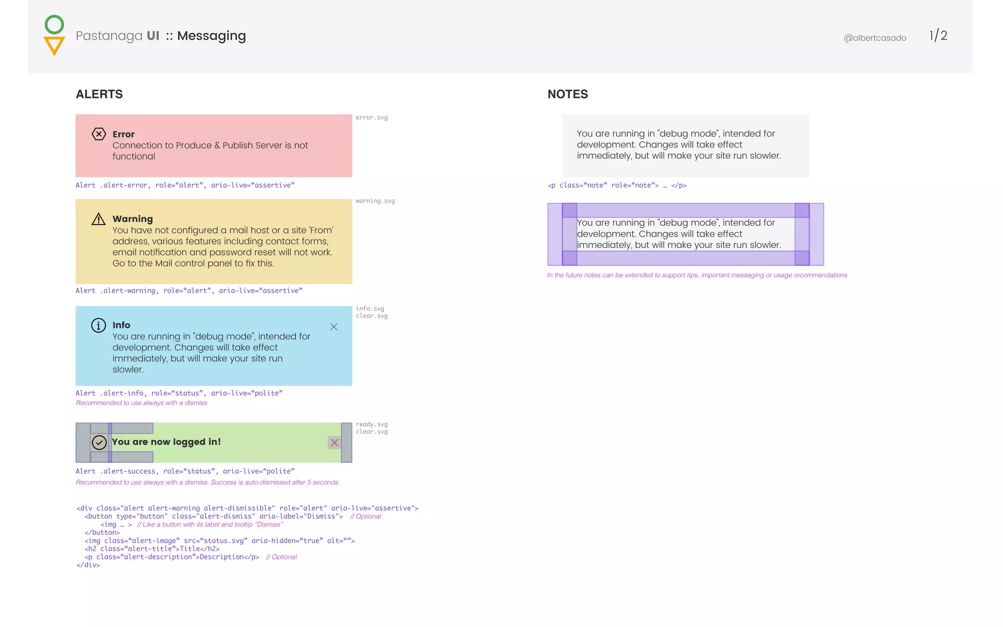 Pastanaga UI :: Messaging @albertcasado 1/2
Error
Connection to Produce & Publish Server is not
functional
Warning
You have not conﬁgured a mail host or a site 'From'
address, various features including contact forms,
email notiﬁcation and password reset will not work.
Go to the Mail control panel to ﬁx this.
Info
You are running in "debug mode", intended for
development. Changes will take effect
immediately, but will make your site run
slowler.
You are now logged in!
Alert .alert-error, role=“alert”, aria-live=“assertive”
Alert .alert-warning, role=“alert”, aria-live=“assertive”
Alert .alert-info, role=“status”, aria-live=“polite”
Alert .alert-success, role=“status”, aria-live=“polite”
Recommended to use always with a dismiss. Success is auto-dismissed after 5 seconds
In the future notes can be extended to support tips, important messaging or usage recommendations
Recommended to use always with a dismiss
// Optional
// Optional
// Like a button with its label and tooltip “Dismiss”
ALERTS NOTES
<div class="alert alert-warning alert-dismissible" role="alert" aria-live="assertive">
<button type="button" class="alert-dismiss" aria-label="Dismiss">
<img … >
</button>
<img class=“alert-image” src=“status.svg” aria-hidden=“true” alt=“”>
<h2 class=“alert-title”>Title</h2>
<p class=“alert-description”>Description</p>
</div>
<p class=“note” role=“note”> … </p>
You are running in "debug mode", intended for
development. Changes will take effect
immediately, but will make your site run slowler.
You are running in "debug mode", intended for
development. Changes will take effect
immediately, but will make your site run slowler.
error.svg
warning.svg
info.svg
clear.svg
ready.svg
clear.svg
 